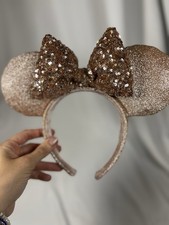 Disney Parks Minnie Mouse Ears Headband Rose Gold Glitter  Sequin Bow Authentic