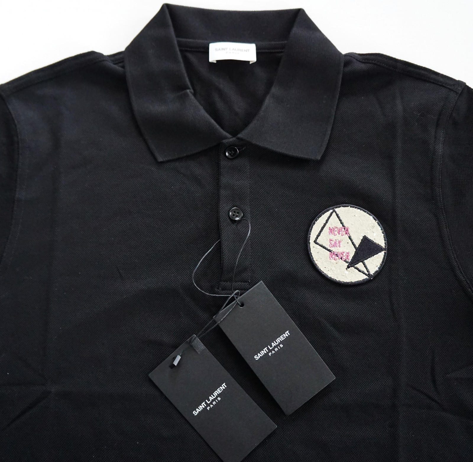 ️ Polo autentica SAINT LAURENT Paris *NEVER SAY NEVER* cotone nero M L