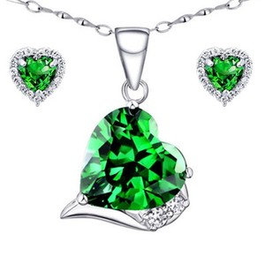 Sterling Silver Heart Cut Created Emerald Pendant Necklace &amp; Earring Jewelry Set