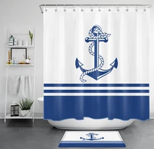 Nature Navy Blue Striped Nautical Anchor Shower Curtain Bathroom Accessories Set