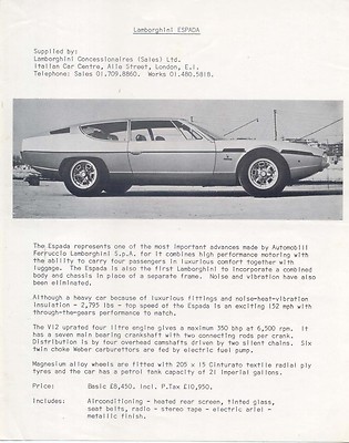 Lamborghini Espada Serie II 1971 Original UK Markt Prospekt Prospekt