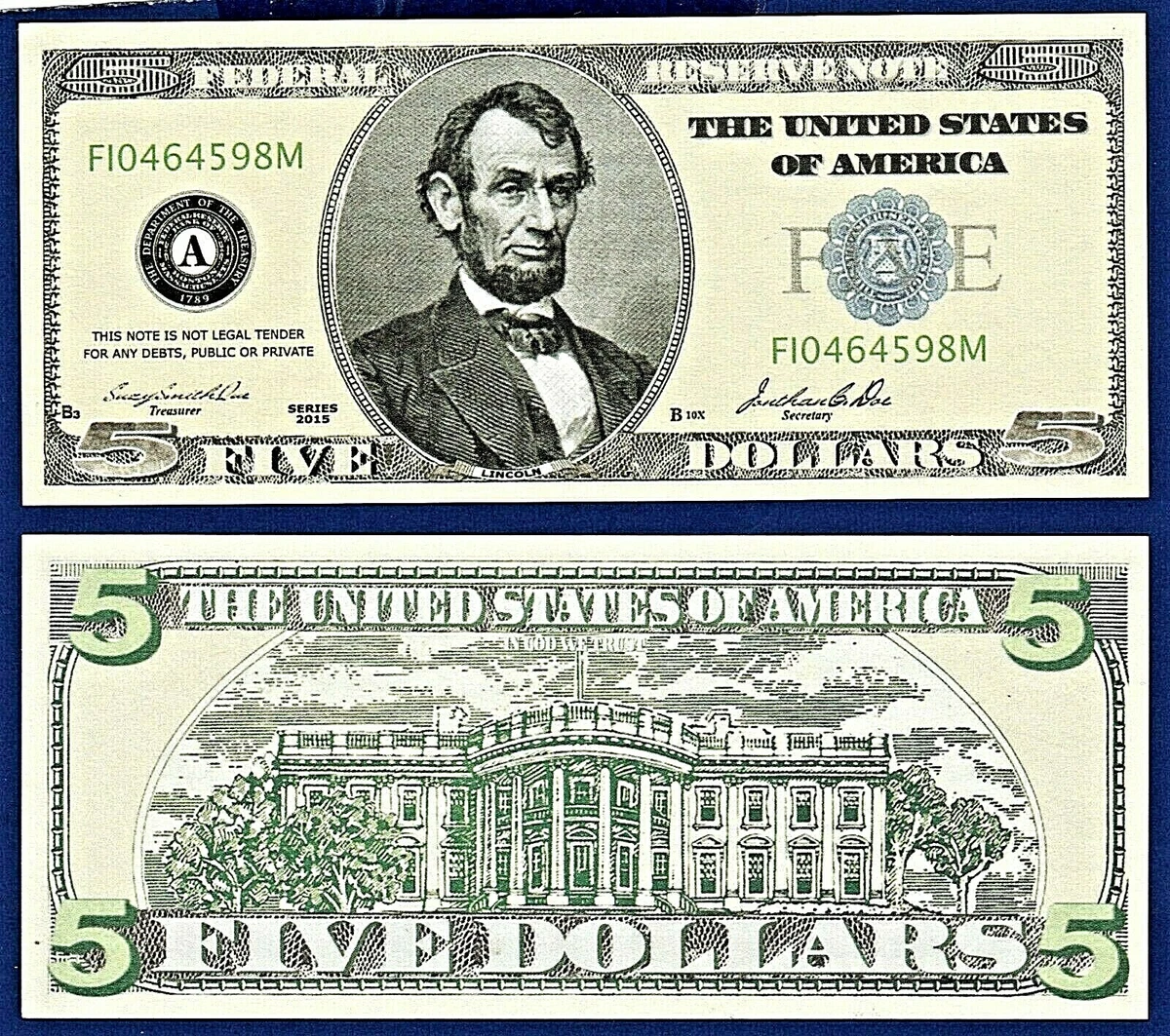 5-$5 Dollar Bills Play Casino Poker Money Lincoln Funny Play Money Note T1