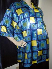 VINTAGE: SATIN High Gloss Men s Multi-colored Yellow/Blue Satin Club Shirt NWOT