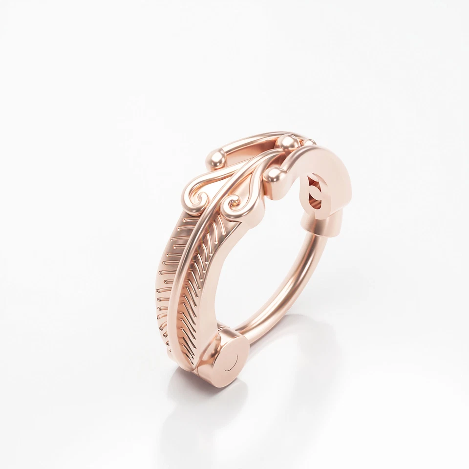 Pendientes Tragus Pluma Oro Rosa Sólido 14K con Cierre Clicker, Joyería Corporal Foto 2 de 4