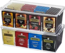 2 Pack Plastic Stackable Tea Bag Organizer, Divided Storage Bin Box for Kitchen