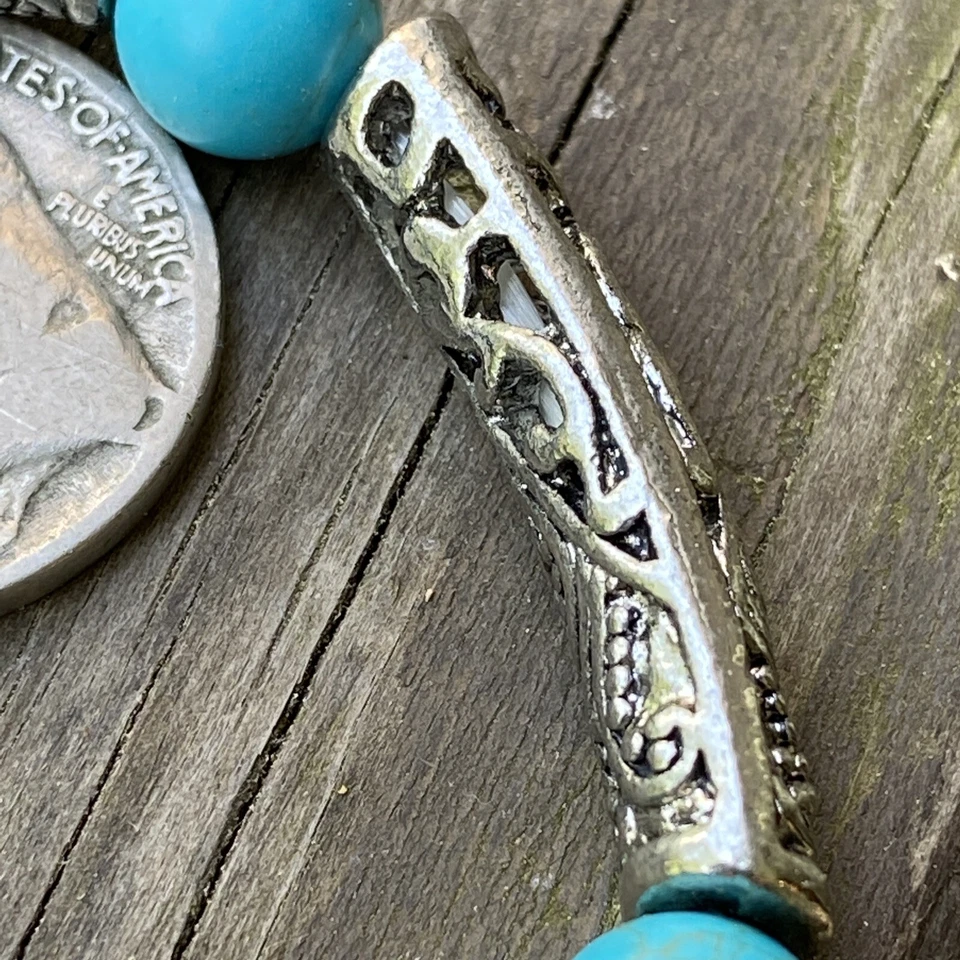 HSN Silvertone contas turquesa com recurso octógono central pulseira elástica de pedra  - Imagem 3 de 4