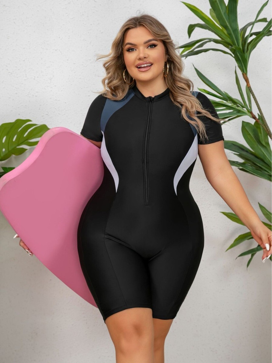 Plus Size Women UV Rash Guard Bathing Suit Short Sleeve Swimsuit