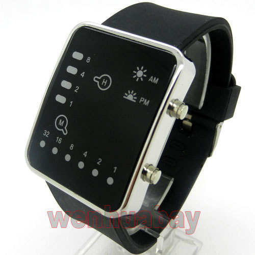 Red/Blue LED Binary Black/White Leather/Silicone Band Watch 889 Boy Girl Men - Picture 4 of 34