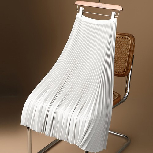 Women Long Pleated Skirt Shiny High Waist Solid Midi Elastic Party Dress Elegant - Imagen 8 de 11