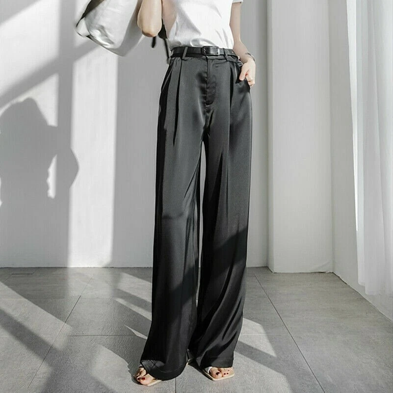 Women Chiffon Pants Wide Leg Trousers Satin Long High Waist Office Work Wear