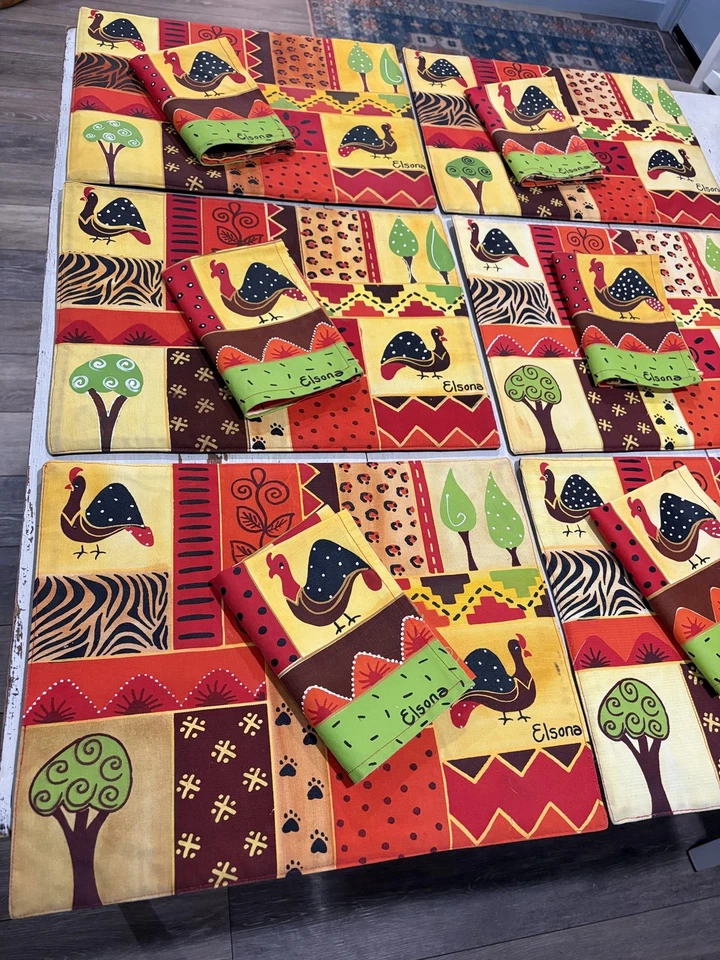 Elsona Placemats Napkins Set Hand Painted African Guinea Fowl 100% Cotton Decor - Image 2 of 4