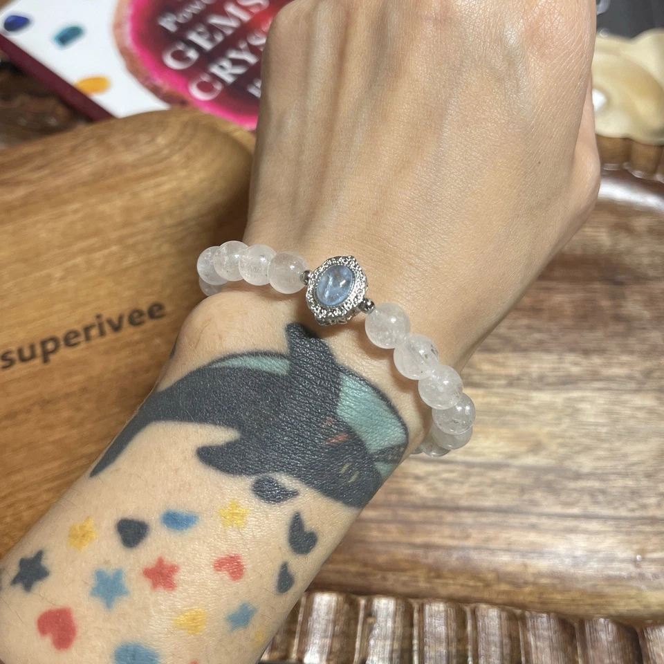 Pulsera superivee blanco fantasma y aguamarina piedras preciosas y cuentas de cristal 8mm Foto 2 de 4