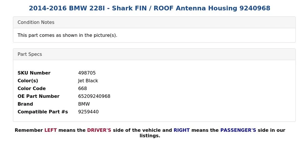 2014-2016 BMW 228I - Shark FIN / ROOF Antenna Housing 9240968 - Image 4 of 4