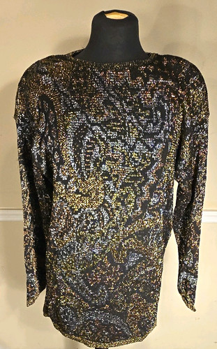 Pierre Cardin, Vintage Pierre Cardin Metallic Knit Sweater Dress M Black Gold Lurex Tunic 80s