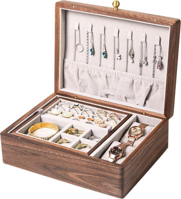 Wooden Jewelry Box, Two Layer Medium Size Real Natural Solid Walnut Wood, Vintag