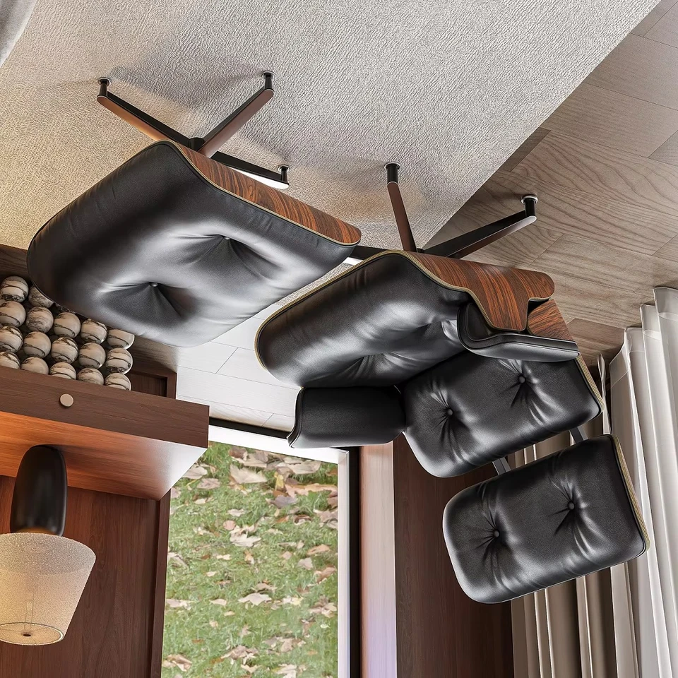 Wohnzimmer Lounge Stühle & Fußbank Echt leder Armstuhl - Shell Chair Sessel - Bild 3 von 4