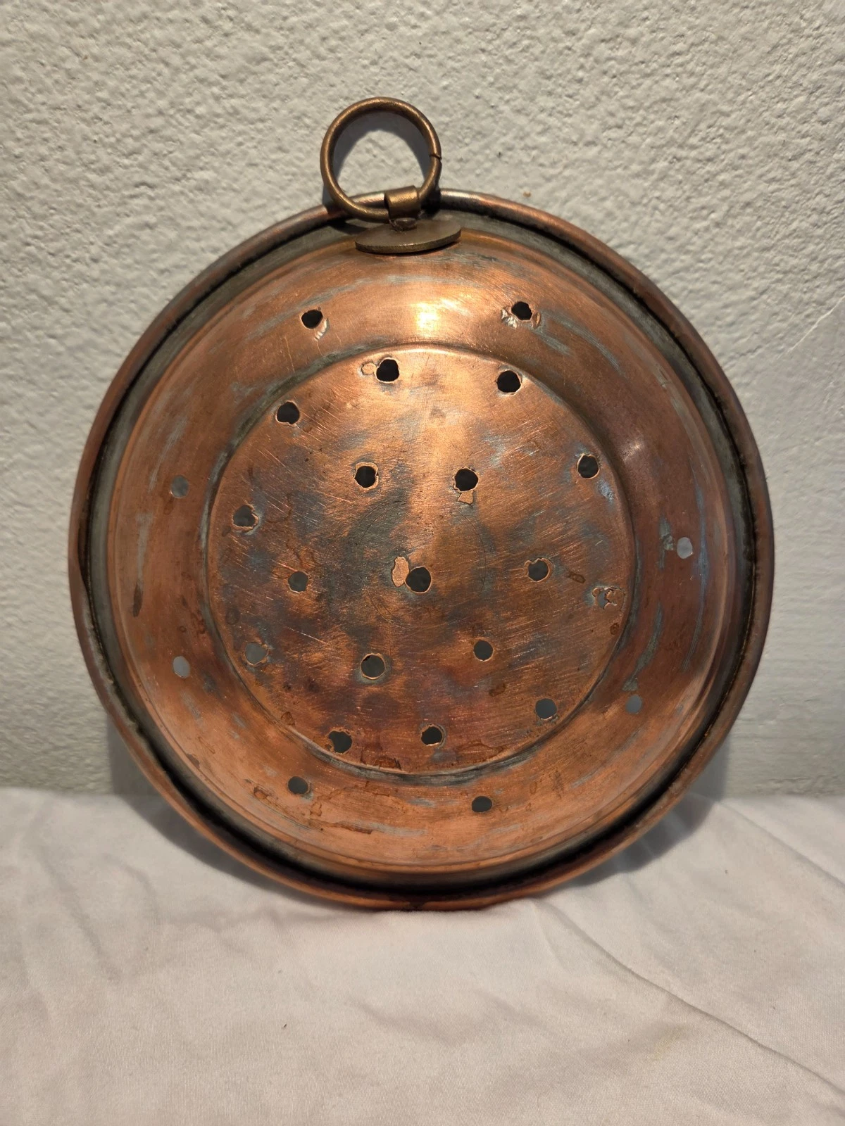 Antique Tinned-Copper Strainer Sieve Kitchen Colander w/ringEuropean Cookware 8"