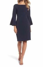 Vince Camuto Sheath Dress 10 Navy Blue 3/4 Bell Tulip Sleeve Old Money Classic