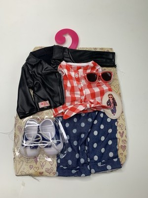 Our Generation Retro Deluxe Outfit Black Jacket, Polka Dot Pants Checkered Shirt