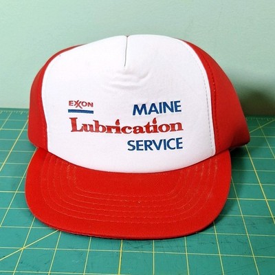 Vintage Exxon Maine Lubrication Red White Trucker Hat Gas & Oil Advertising