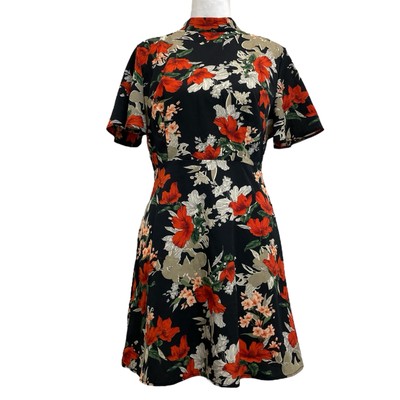 Boohoo Petite Black Floral Flutter Sleeve Skater Dress sz 6 Petite Y2K Retro 