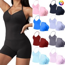 Womens 2PCS GYM Sets Halter Sports Bras Scrunch Butt Biker Shorts Workout Sets