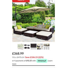 vidaXL Brown Rattan/Wicker Sofa Set with Table, Ottomans, Cushions & Parasol