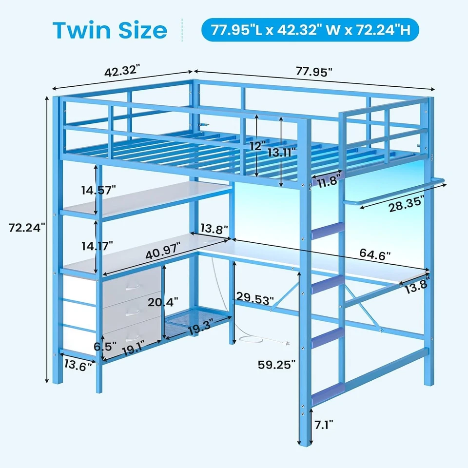 Кровать-чердак двойного размера со светодиодной подсветкой, зарядная станция, L-образный стол, тканевые ящики - Изображение 3 из 4