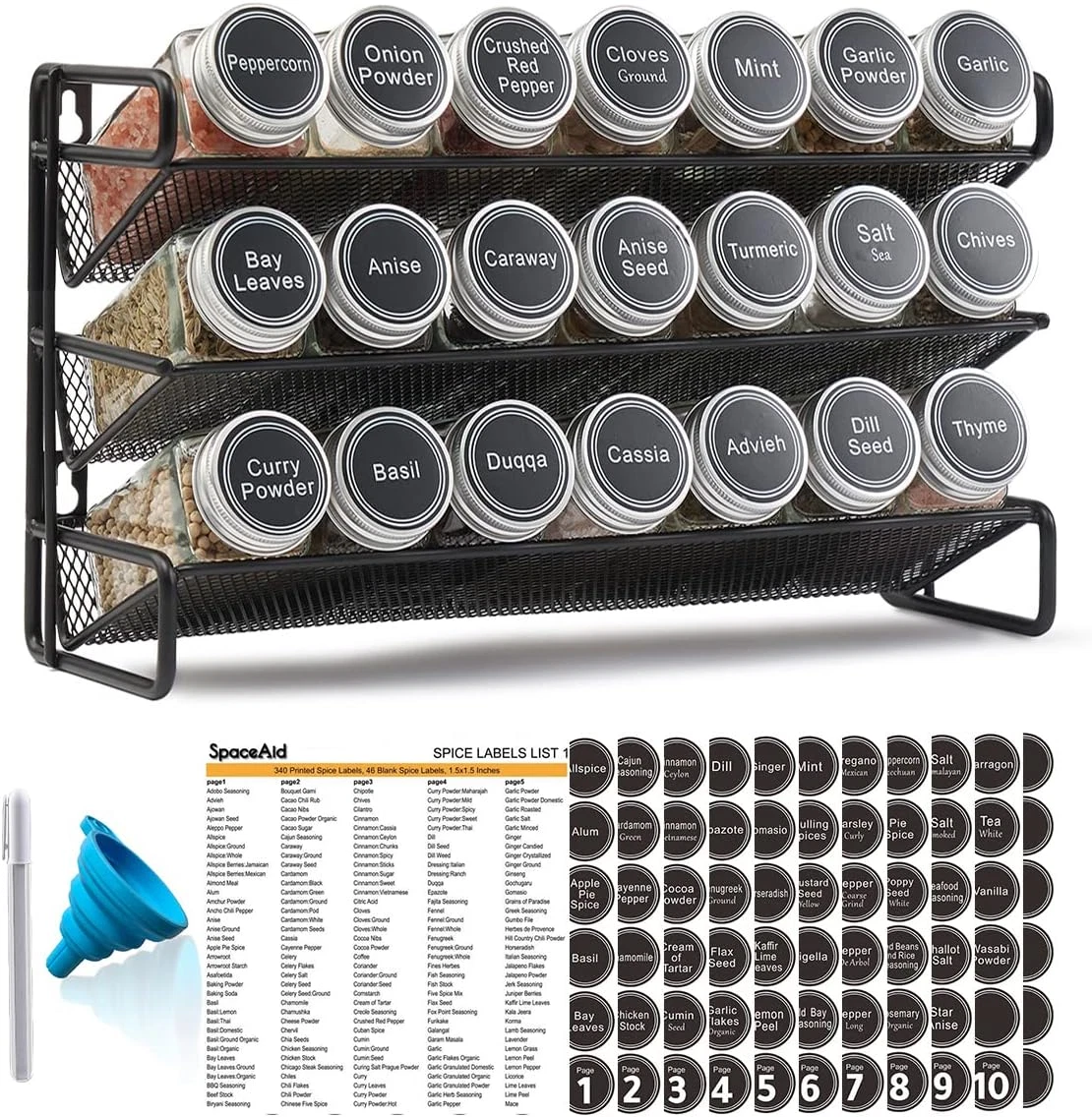 Spice Rack Organizer with 21 Spice Jars, 386 Spice Labels, Chalk Marker and Funn