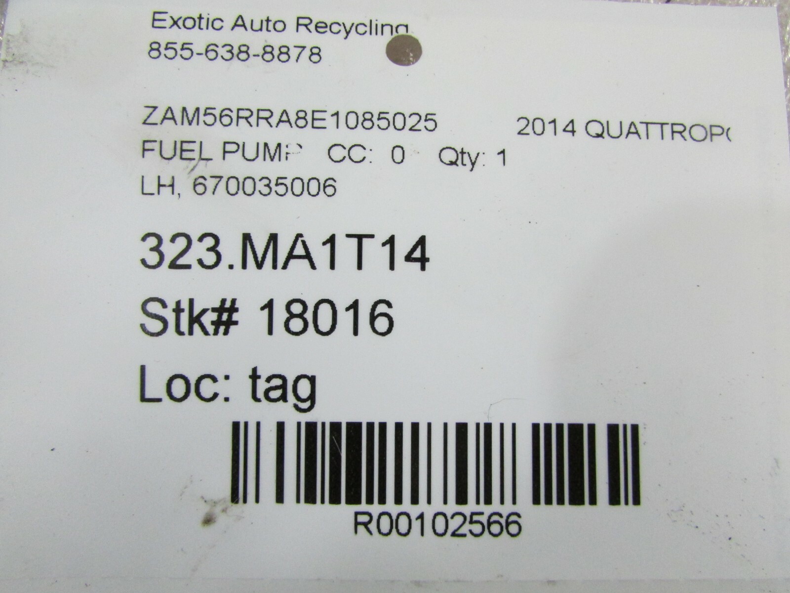 2014 Maserati Quattroporte, LH, Fuel Pump w/ Float Valve, Used, P/N 670035006