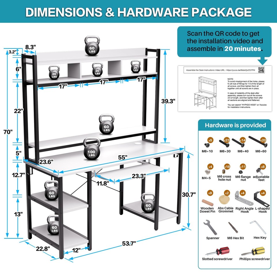 Computer Desk with Hutch Bookshelves, Storage Shelves, Keyboard Tray