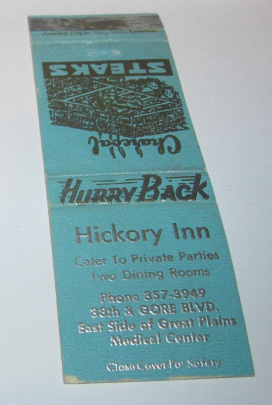 Matches Matchbook Cover Hickory Inn Great Plains Restaurant Charcoal Steaks