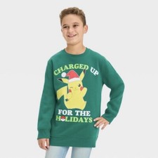 Pokemon Christmas Sweatshirt Pikachu Kids Green Size L Charged Up For Holidays