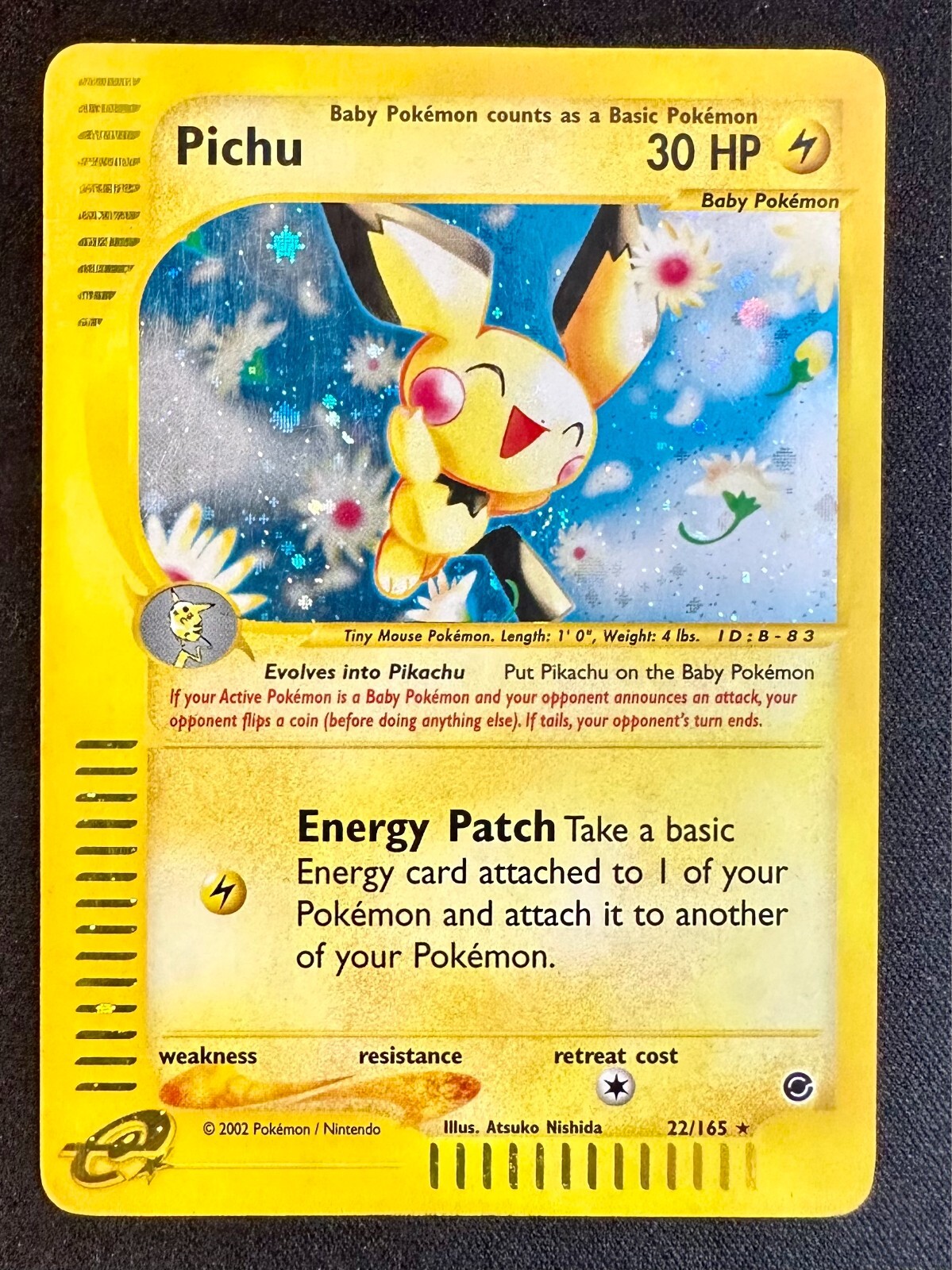 Pichu HALF SWIRL!! 22/165 2002 Expedition Base Pokemon Card Vintage Holo Rare Mp