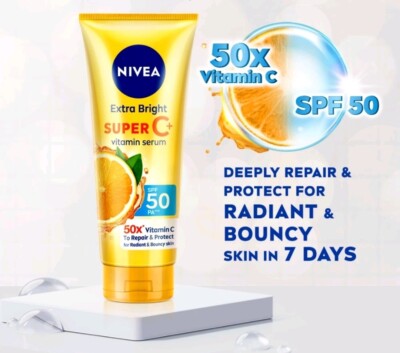 Nivea Extra Bright Serum Super C+ Body Vitamin SkinWhitening Sunscreen Spf50 70m