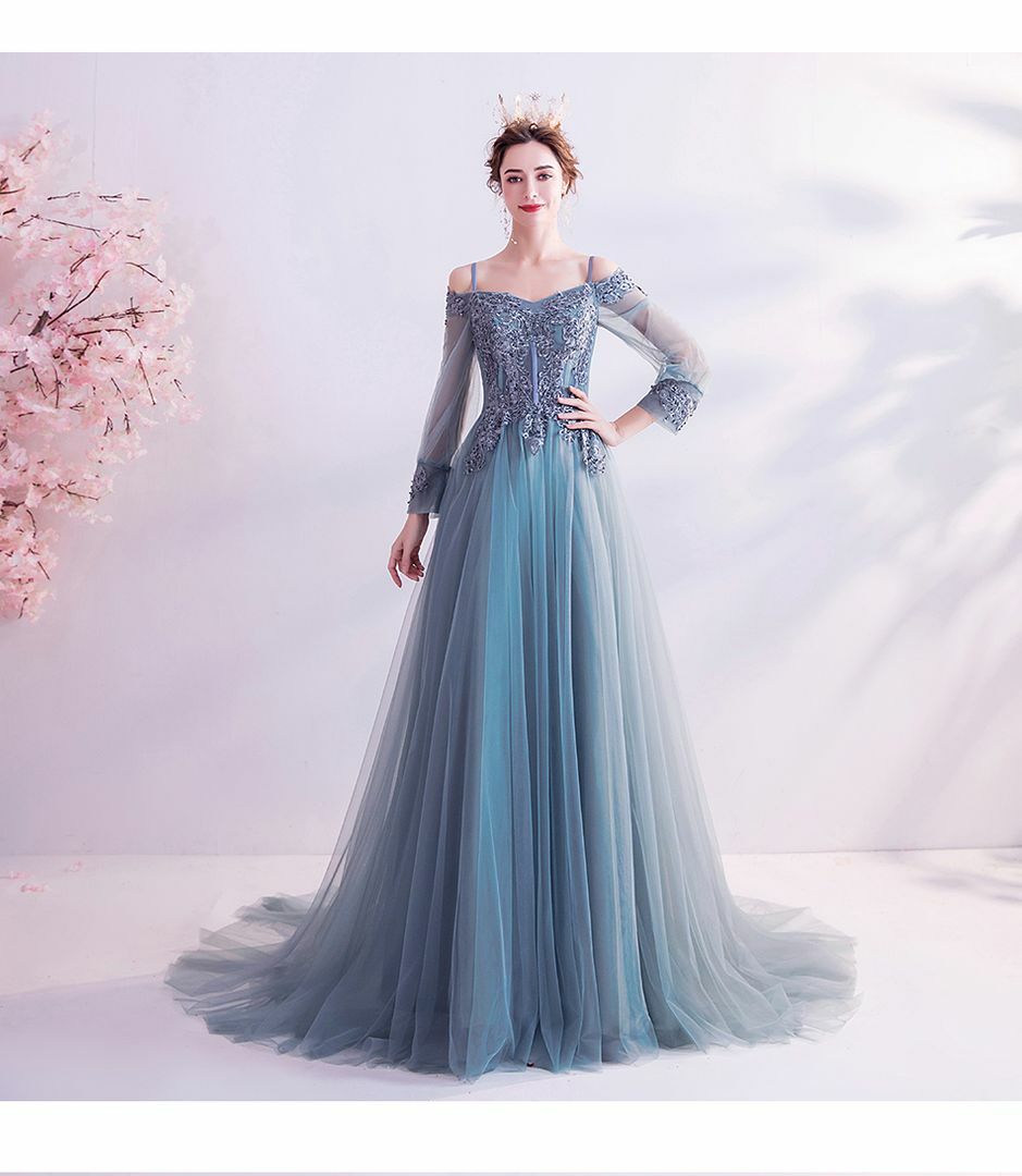 misty blue dresses Misty Blue A-line Beaded Long Formal Dress with Side Slit Dressesforparty