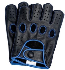Riparo Mens Leather Reverse Stitched Fingerless Half-Finger Gloves - Black/Blue