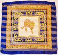SCARF VINTAGE AUTHENTIC BAROQUE ART LEOPARD BLUE YELLOW SATIN 42" SQUARE