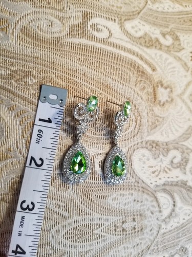 Green Crystal Paved Silver Chandelier Earrings JO - Picture 2 of 4