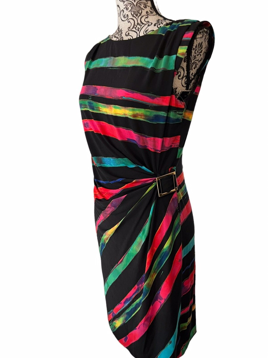 NWT TAHARI Black Multicolored Stretch knit dress With Buckle Women Size 6 Lined NWT TAHARI Black Multicolored Stretch knit dress With Buckle Women Size 6 Lined