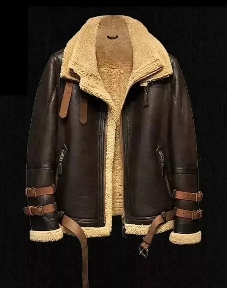 Men's Brown B3 RAF Flight Bomber Aviator Real Sheepskin Shearling Leather Jacket