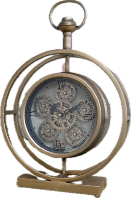 Antique Gold Portable Desk Mantle Clock with Moving Cogs