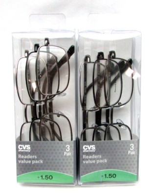 CVS 2 Pack of 3 Packs Men's Reading Glasses JACOB GUN - BLK - DK GUN +1.50