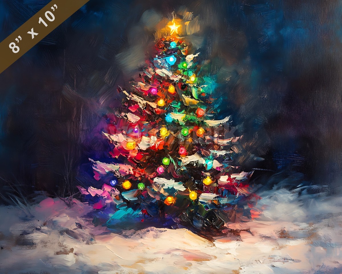 Christmas tree with colorful lights oil painting 8x10 Print | eBay