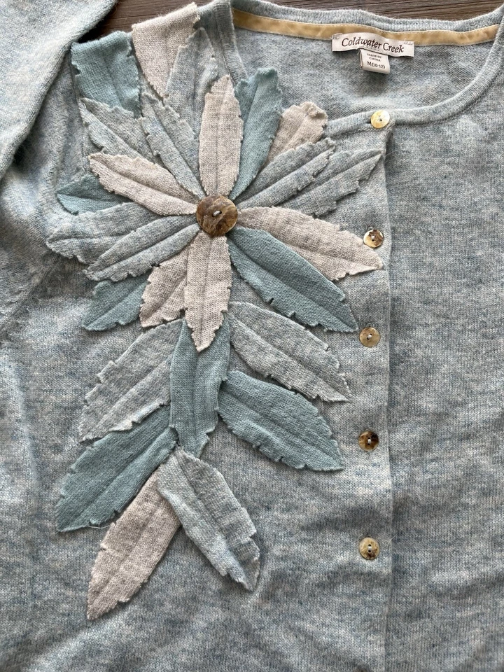 Coldwater Creek wool rabbit hair button down cardigan Sz 10-12 Medium flower - Image 3 of 4