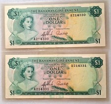 Bahamas $1 Consecutive pair. P18a AUNC. 1965. Prefix A. Queen Elizabeth.