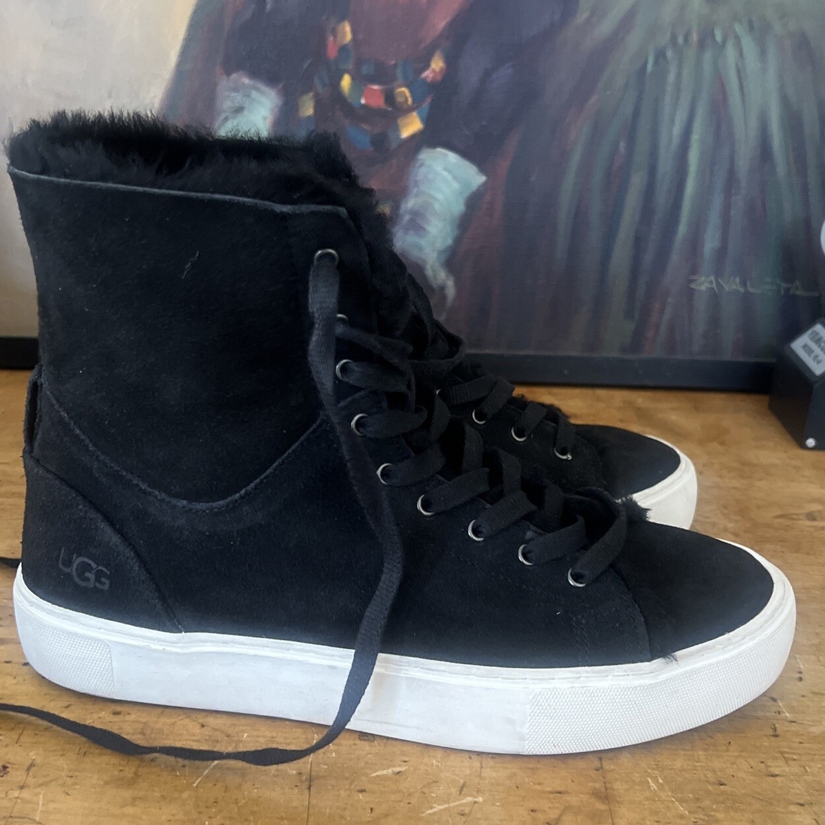 UGG Womens 8 Beven Trainer Platform Sneakers High Top Black Suede