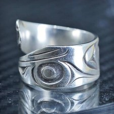 size adjustable, vintage southwestern sterling silver 925 fish wrap band ring