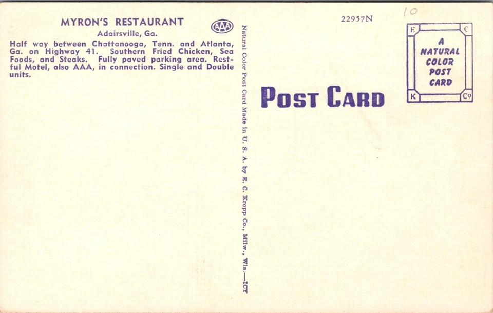 Myron’s Restaurant Adairsville Georgia Postcard – Highway 41 Roadside - Image 2 of 2