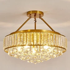 6-Light Modern Large Crystal Chandelier Gold Metal E26 Semi Flush Mount Round...